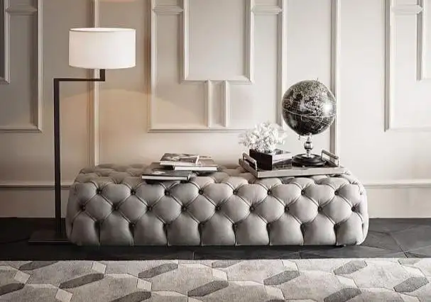 Modern Buttoned Pouf Made of Red Beech Wood and Linen or Velvet Fabric MS-11061
