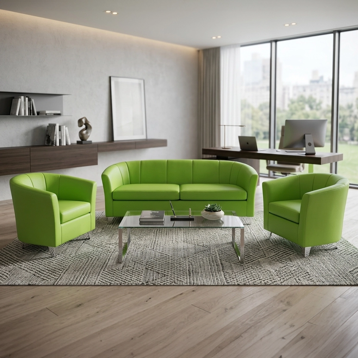 Office Reception Sofa 3-Seater and 2 Armchairs Red Beech Wood MS-7818