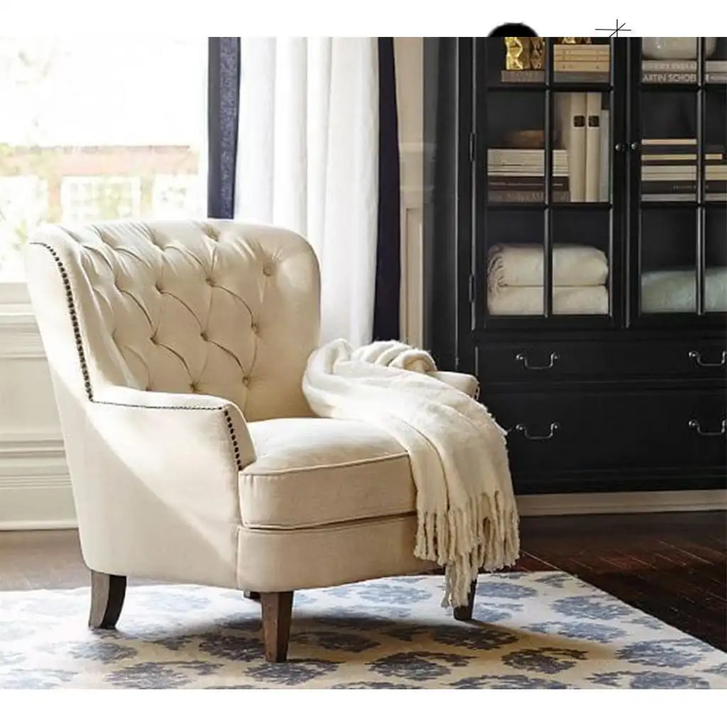 Modern capitone armchair, red beech wood, linen or velvet fabric MS-11098