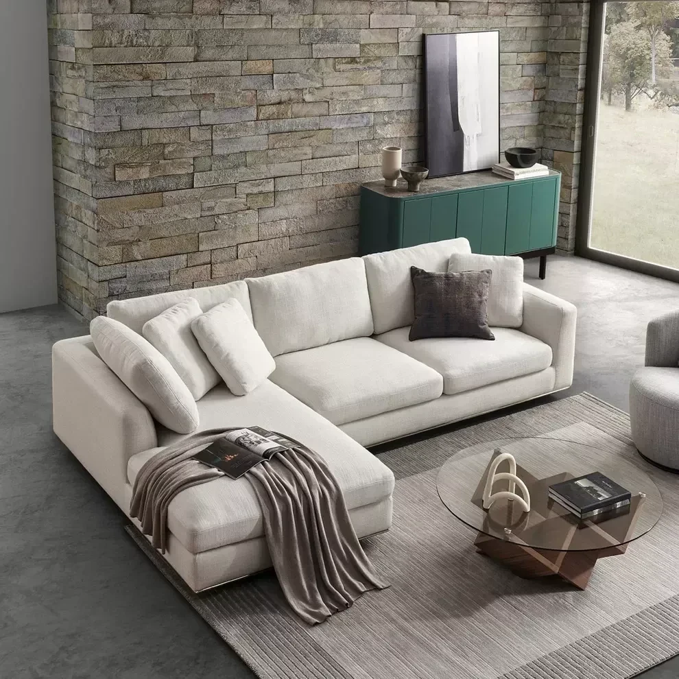 Modern Corner Sofa, Red Beech Wood and Linen or Velvet Fabric, High Quality MS-11005