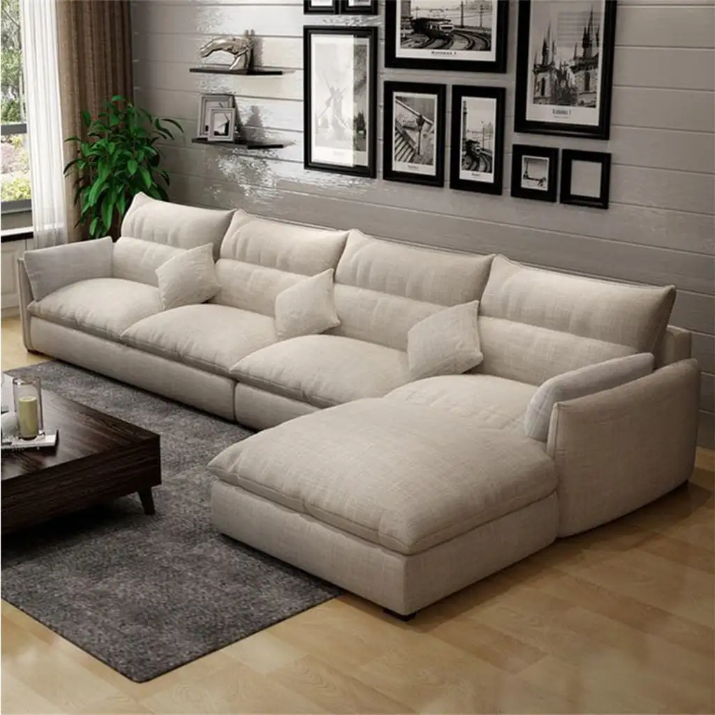 Modern Corner Sofa, Red Beech Wood and Linen or Velvet Fabric, High Quality MS-11007