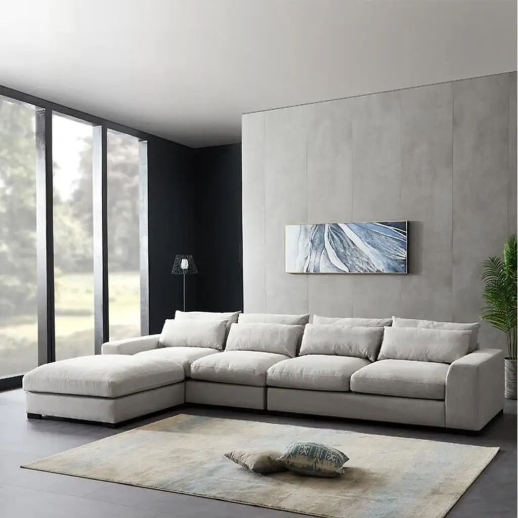 Modern Corner Sofa, Red Beech Wood and Linen or Velvet Fabric, High Quality MS-10996