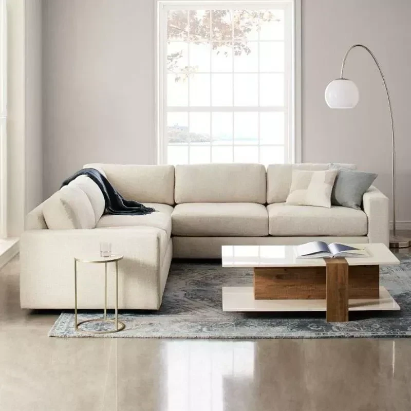 Modern Corner Sofa, Red Beech Wood and Linen or Velvet Fabric, High Quality MS-11001
