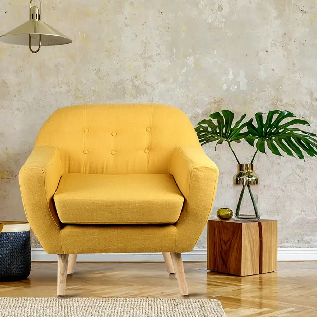 Modern capitone armchair, red beech wood and linen or velvet MS-8187