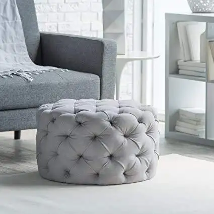 Modern Buttoned Pouf Made of Red Beech Wood and Linen or Velvet Fabric MS-11036