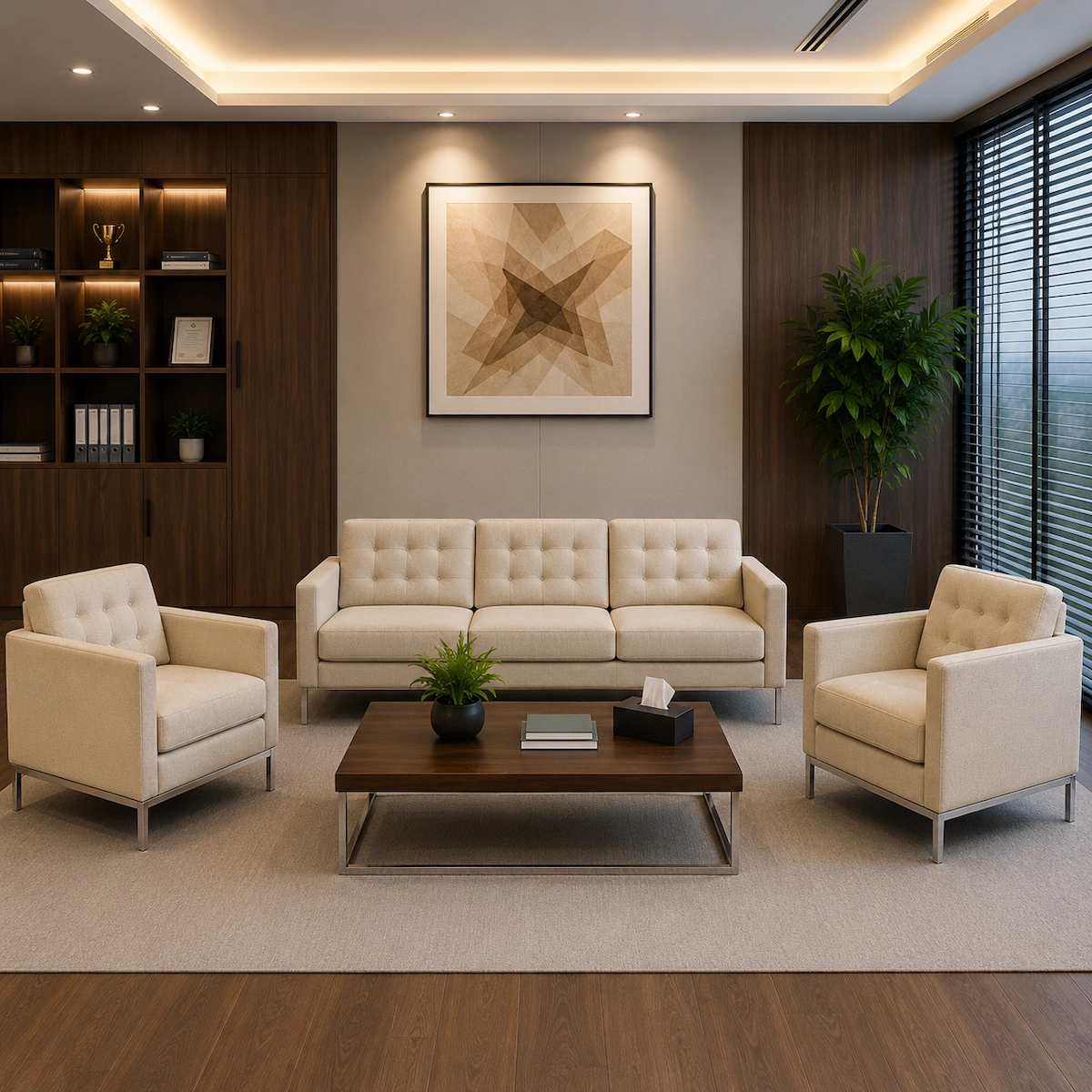 Office Reception Sofa 3-Seater and 2 Armchairs Red Beech Wood MS-7821